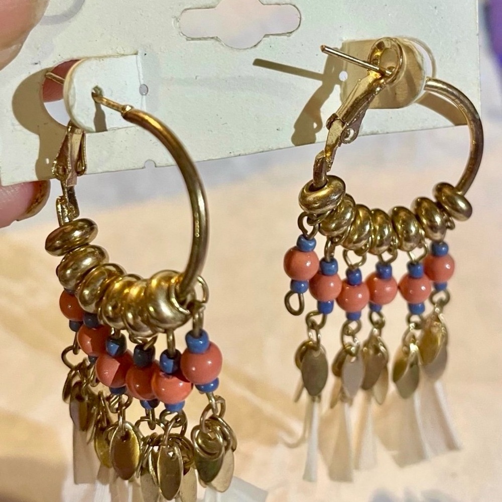 Gold, Pink, Purple and White Tassels Hoop Earrings. NEW